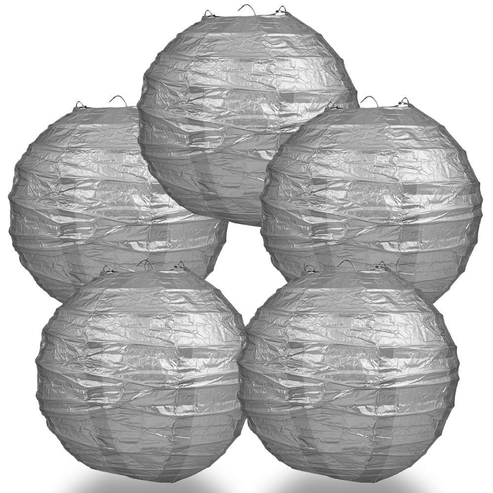 5 Pack 16 Inch Silver Freestyle Ribbing Round Paper Lanterns - Party Decorations for Weddings, Birthdays & Home Decor