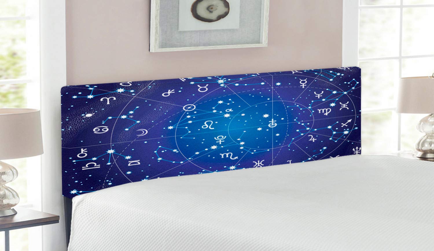 Ambesonne Astrology Headboard - Zodiac Constellation & Planetary Coordinates Design, Upholstered Metal Bed Frame with Memory Foam for Queen Size Beds, Dark Blue | Perfect for Celestial-Themed Bedrooms & Stargazing Enthusiasts