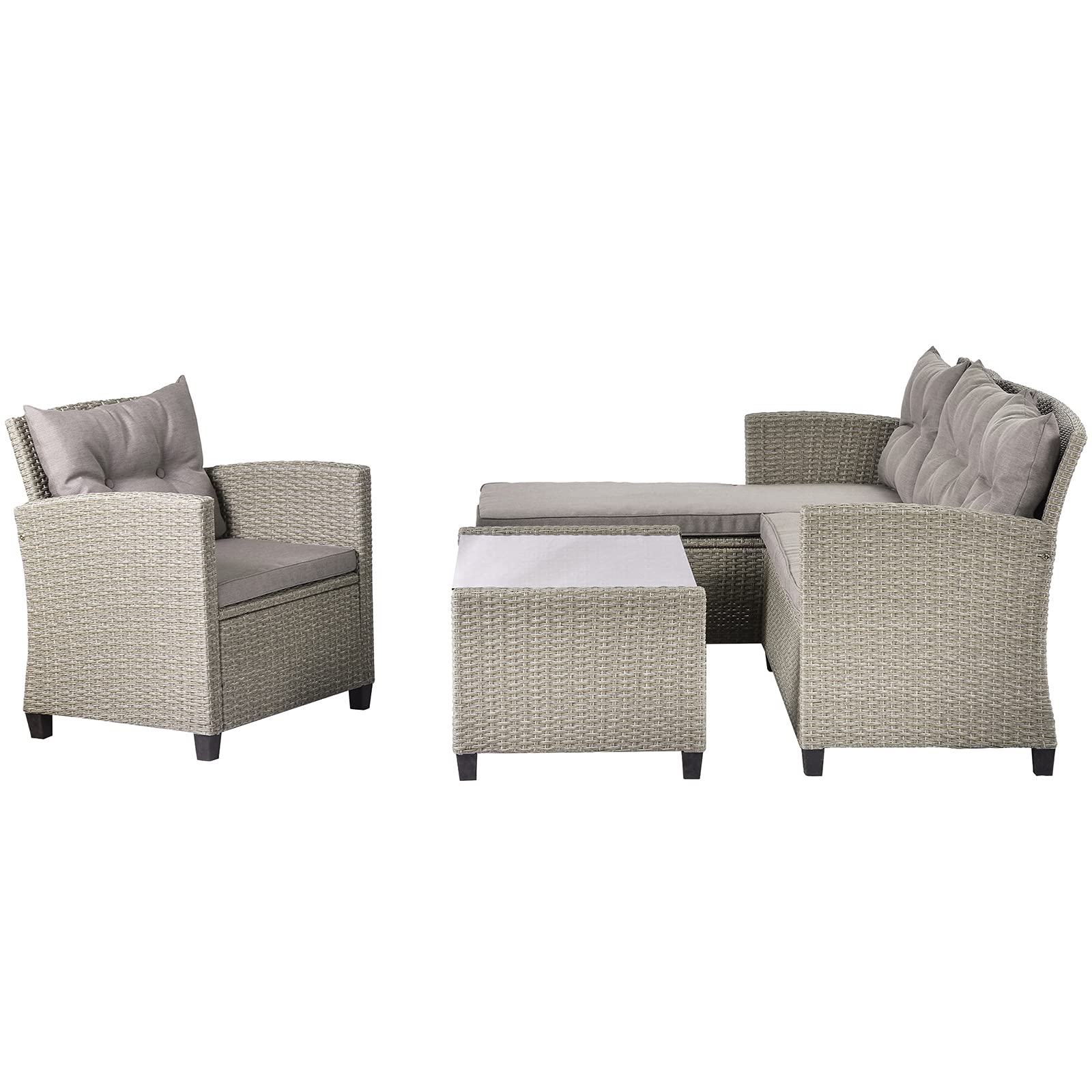 4-Piece Wicker Sectional Sofa Set with Cushions & Glass Table - Patio, Outdoor, Living Room Furniture