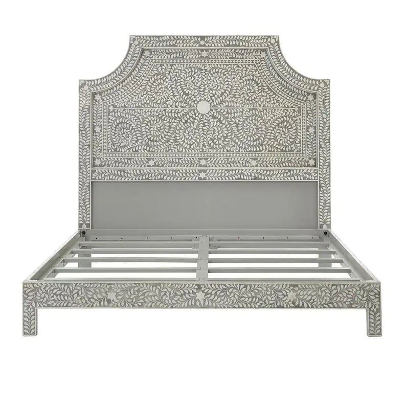 Handmade Bone Inlay Platform Bed with Headboard - Exotic Indian Bed Frame for Master Bedroom, Guest Room & Boho Chic Home Decor