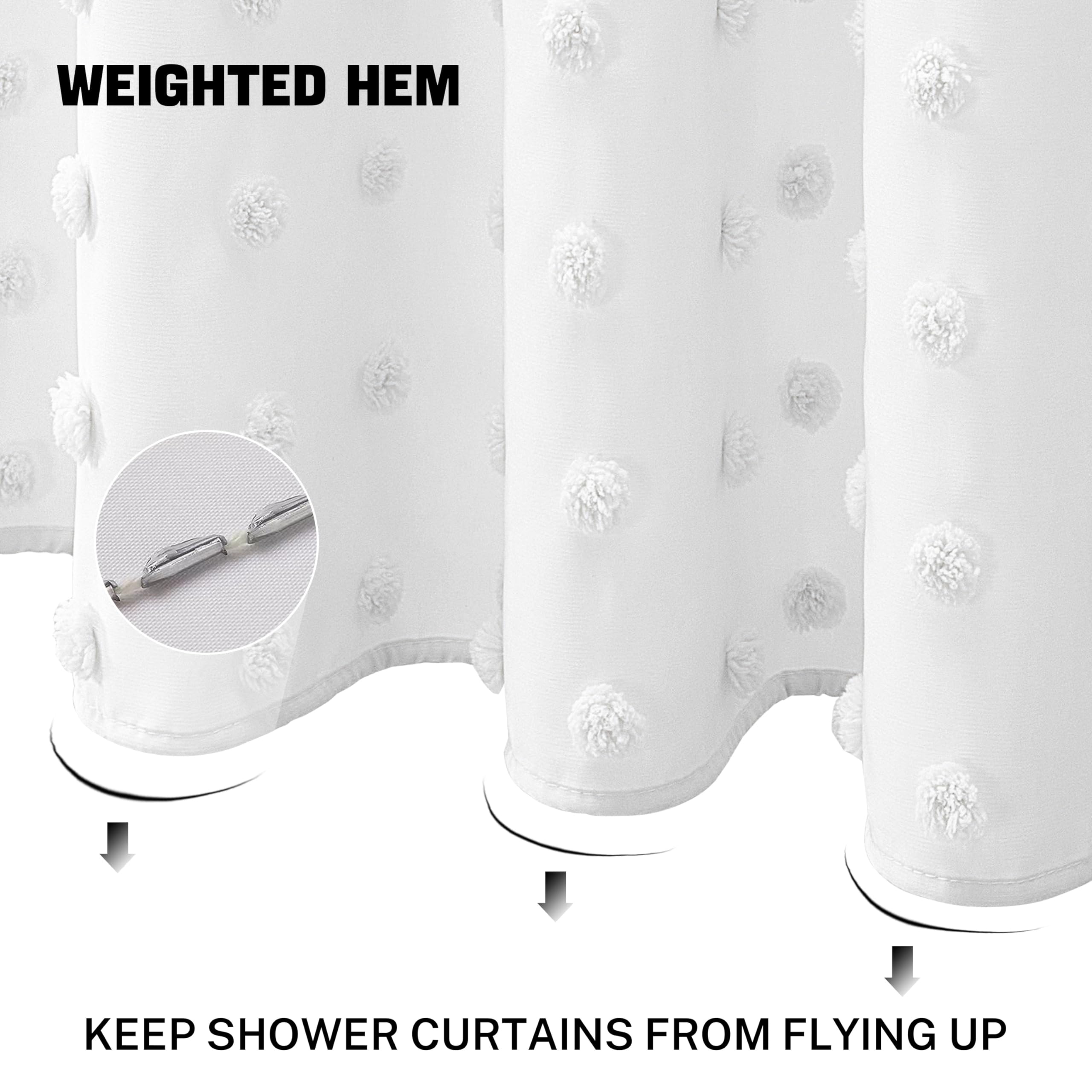 Extra Long 72 x 84 Inch Boho Farmhouse Shower Curtain - Woven Fabric White Bathroom Curtain with Tufted Pleat Floral Puffs, Textured Modern Minimalist Design, Includes Hooks - Perfect for Spa-Like Bathrooms and Boho Chic Home Decor
