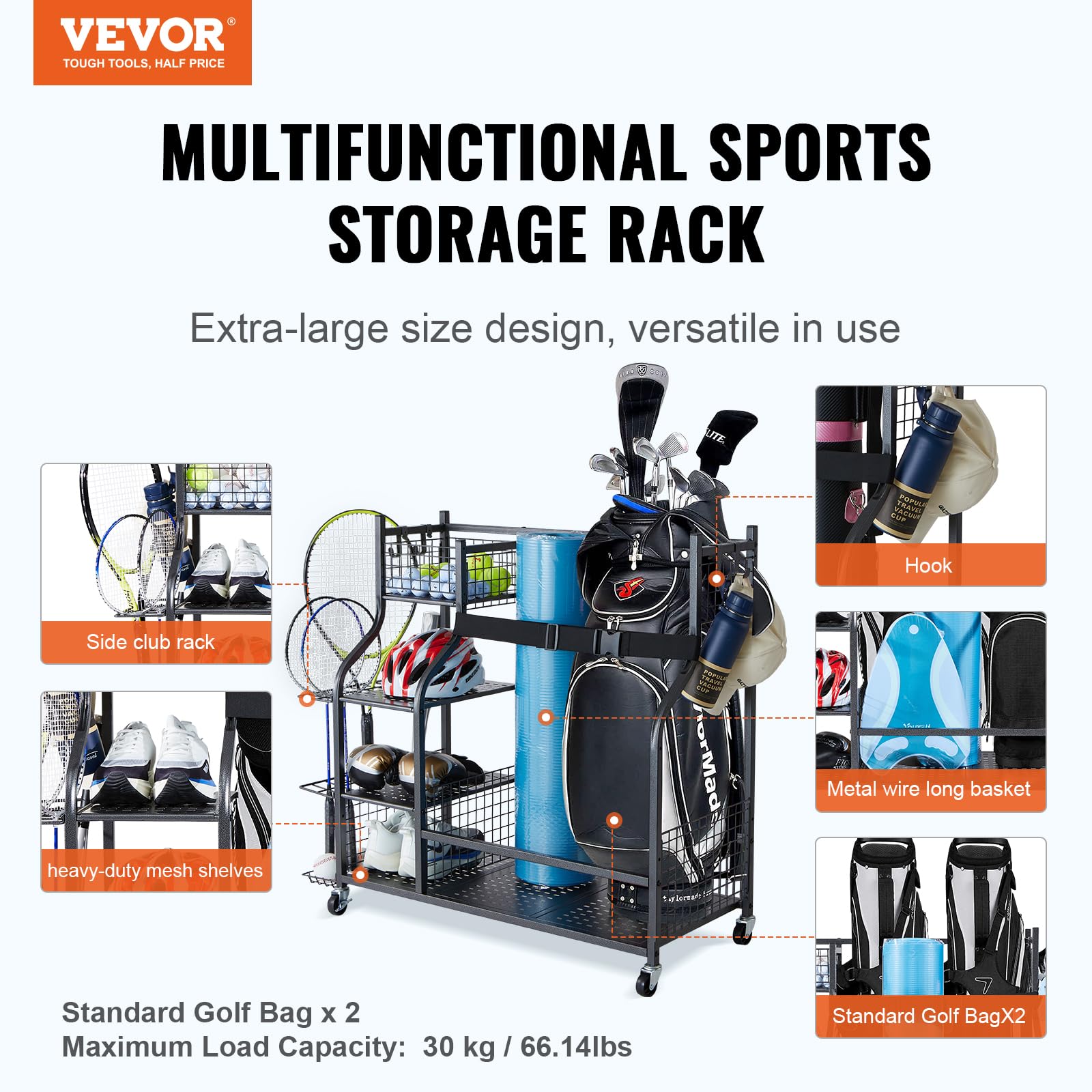 VEVOR Golf Storage Garage Organizer - 2 Golf Bag Stand Holder & Sports Equipment Rack with Wheels | Rolling Ball Cart for Outdoor Sports Gear, Toys & Accessories | Heavy-Duty Steel Construction in Black | Perfect for Garage, Basement & Backyard Organization