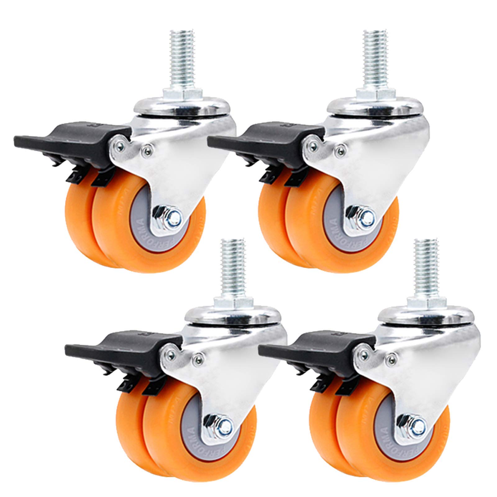 40mm Rubber Swivel Castor Wheels with Brake - M12x25mm for Office Chairs, Furniture & Trolleys (4pcs)