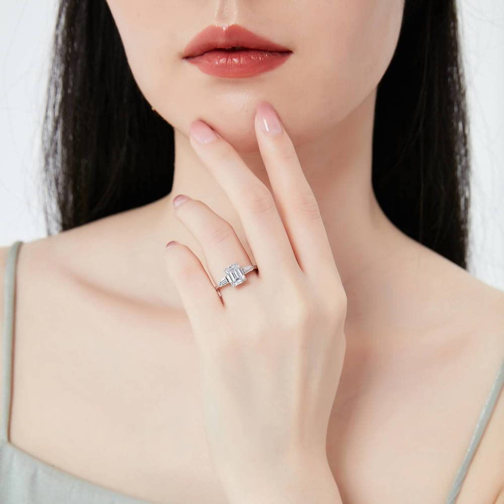 BERRICLE Sterling Silver 3-Stone Wedding & Engagement Ring 2.1ct Emerald Cut Cubic Zirconia CZ Anniversary Band for Women - Rhodium Plated Size 4-10 | Elegant Gift for Brides, Anniversary & Special Occasions