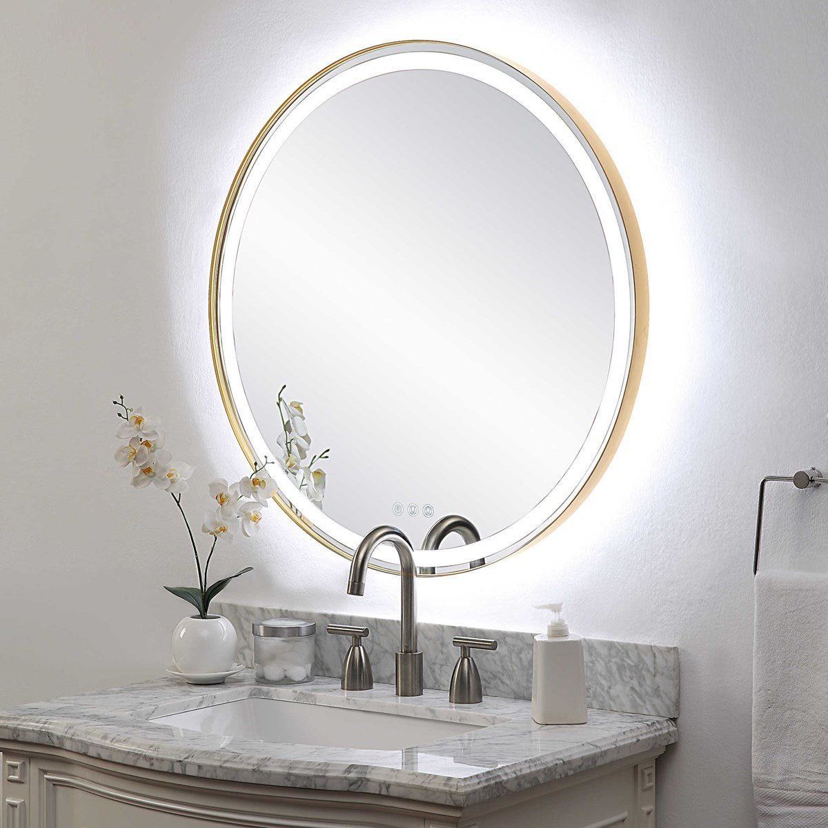 Crofton Brass Round Mirror with LED Lights - Elegant Vanity Mirror for Makeup, Bathroom, and Bedroom Decor