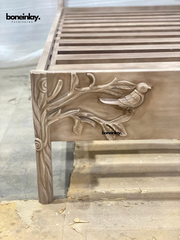 Hand Carved Wooden Ornithology Twin Bed Frame with Headboard - Solid Wood Bird Design Bed for Kids & Teens - Perfect for Bedroom, Guest Room & Dormitory Decor