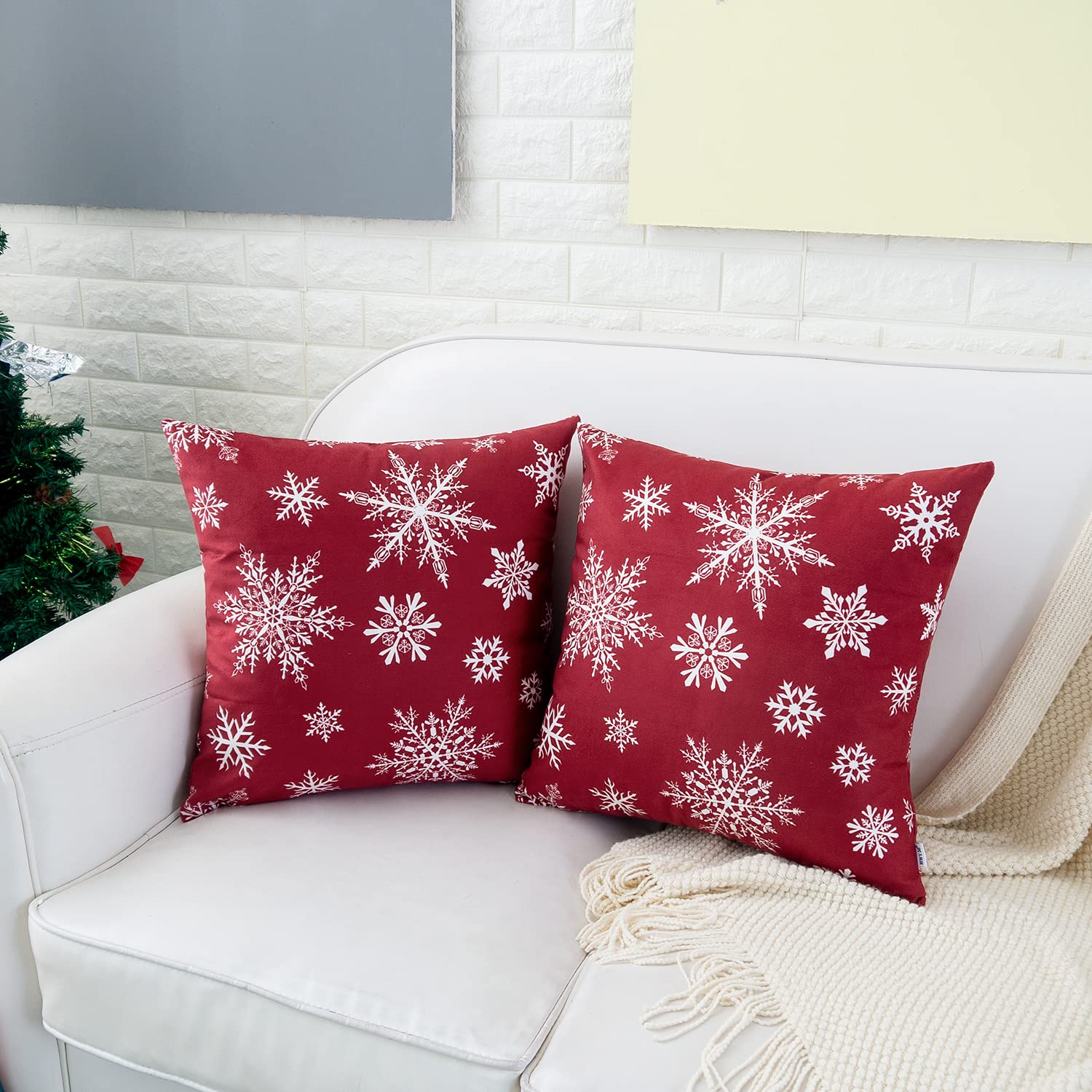 HWY 50 Red Throw Pillow Covers 18x18 Inch - Soft Christmas Snowflake Print Decorative Pillow Cases for Couch, Sofa & Bed - Set of 2 Cozy Home Decor for Living Room, Bedroom & Holiday Season
