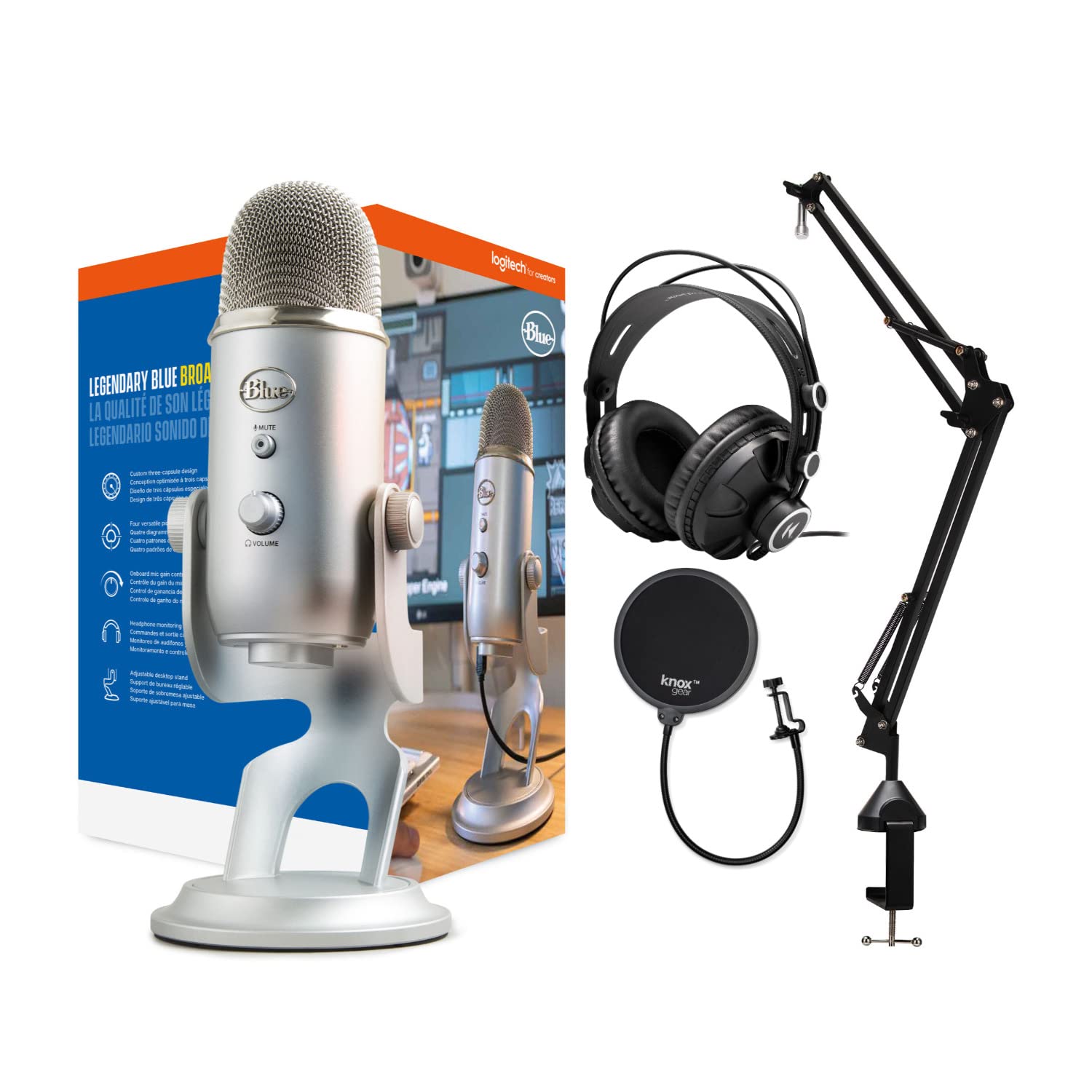 Blue Yeti USB Microphone Bundle with TX-100 Headphones, Boom Arm & Pop Filter - Professional Streaming, Podcasting & Gaming Setup (4-Piece Kit)