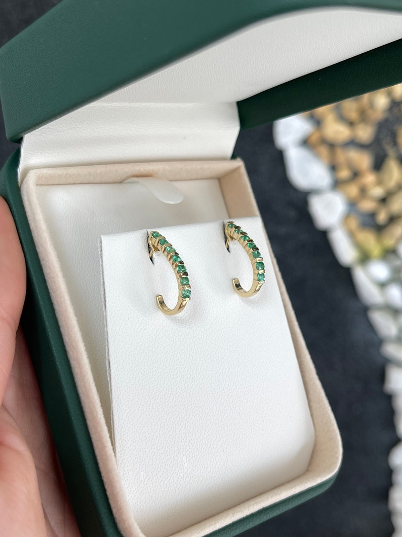 0.75 Carat Natural Round Emerald 14K Gold J Hoop Earrings for Women - Elegant Dangle Earrings for Party, Wedding & Everyday Wear