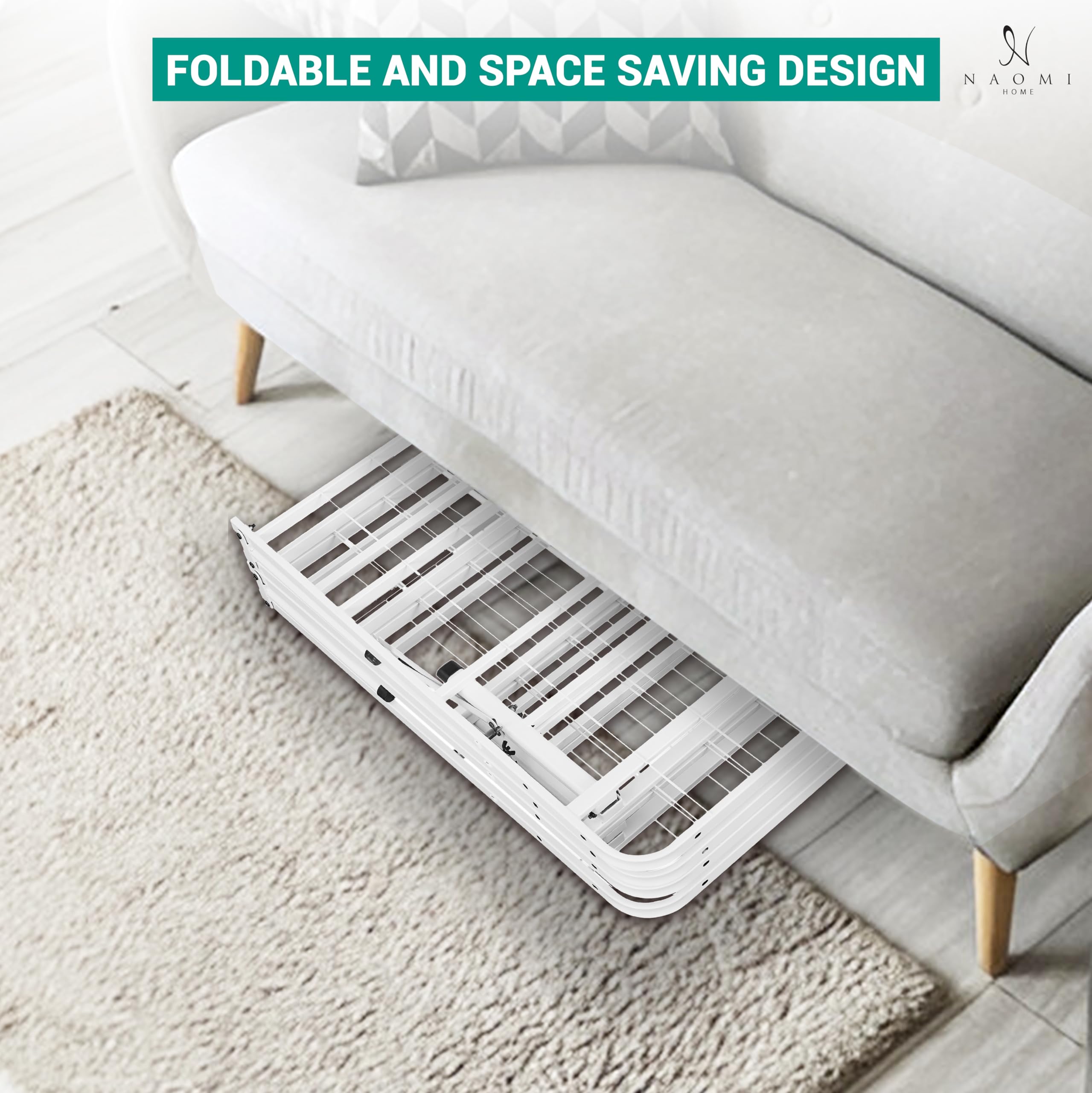 Naomi Home Full Size Bed Frame - Heavy Duty Foldable Platform Bed with Steel Slats, 600lbs Capacity - Mattress Foundation & Box Spring Replacement - White | Ideal for Guest Rooms, Small Spaces & Temporary Sleeping Arrangements