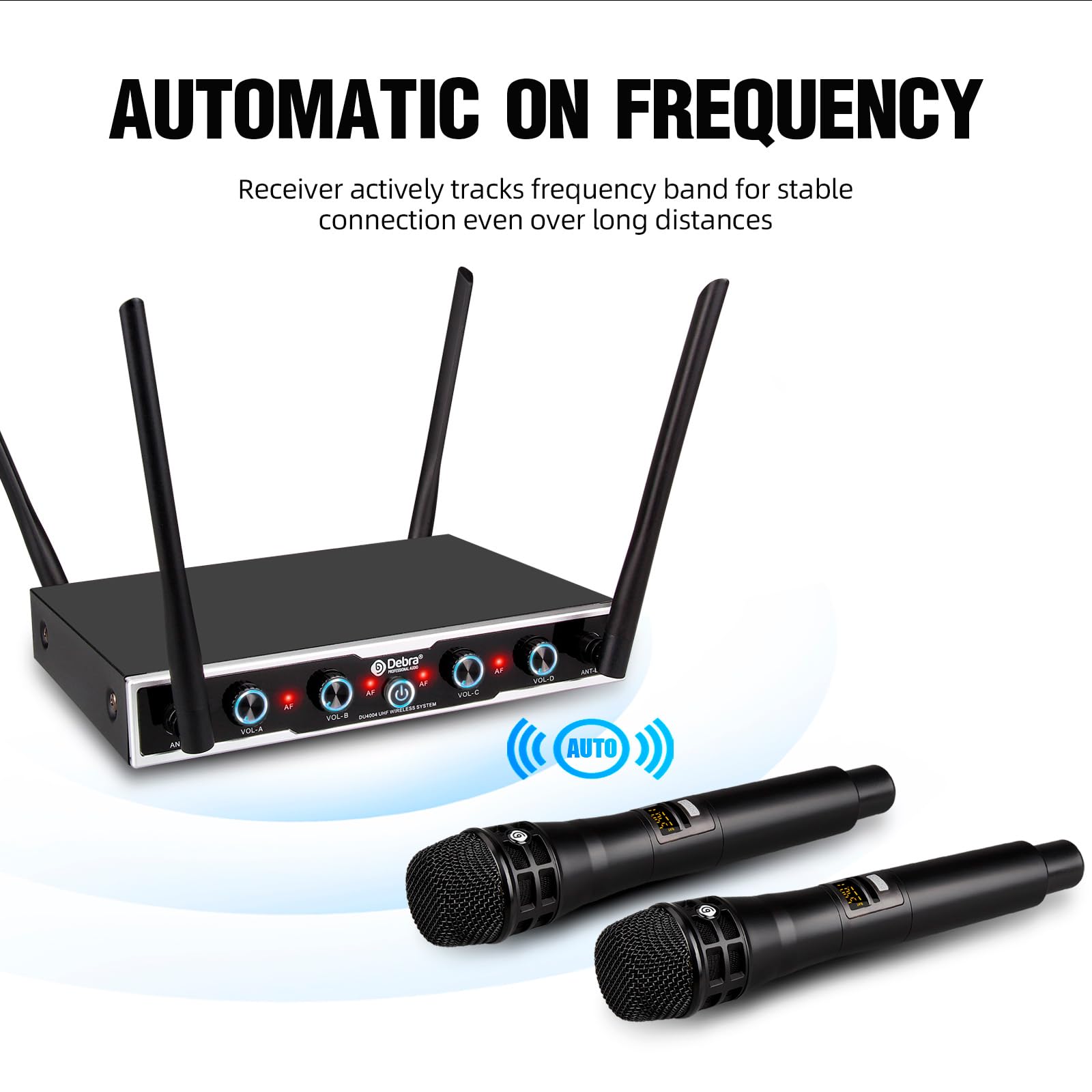 Professional DU4004 UHF Wireless Microphone System - 4 Adjustable Channels with 2 Handheld & 2 Lavalier Mics for Church, Meetings, Speeches & Events | D Debra Audio
