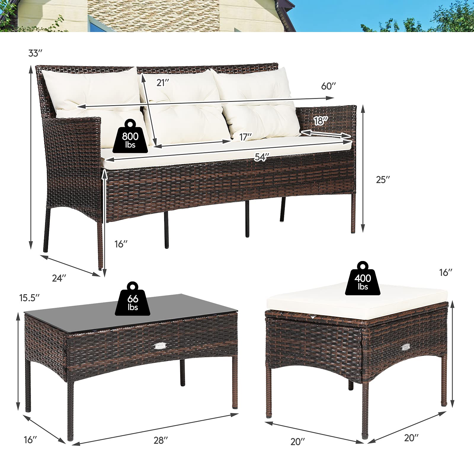 HappyGrill 3-Piece Outdoor Rattan Patio Furniture Set with Tempered Glass Coffee Table & 5 Elastic Cushions - Waterproof Sectional Sofa for Poolside, Balcony, Backyard, Garden - Perfect for Relaxing, Entertaining & Outdoor Dining