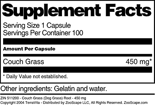 Organic Couch Grass (Dog Grass) Root Extract - 450mg per Capsule, 100 Capsules | Natural Digestive Support & Urinary Health | Herbal Supplement for Dogs & Pets | ZIN: 511200 | Perfect for Daily Wellness & Detox Routines