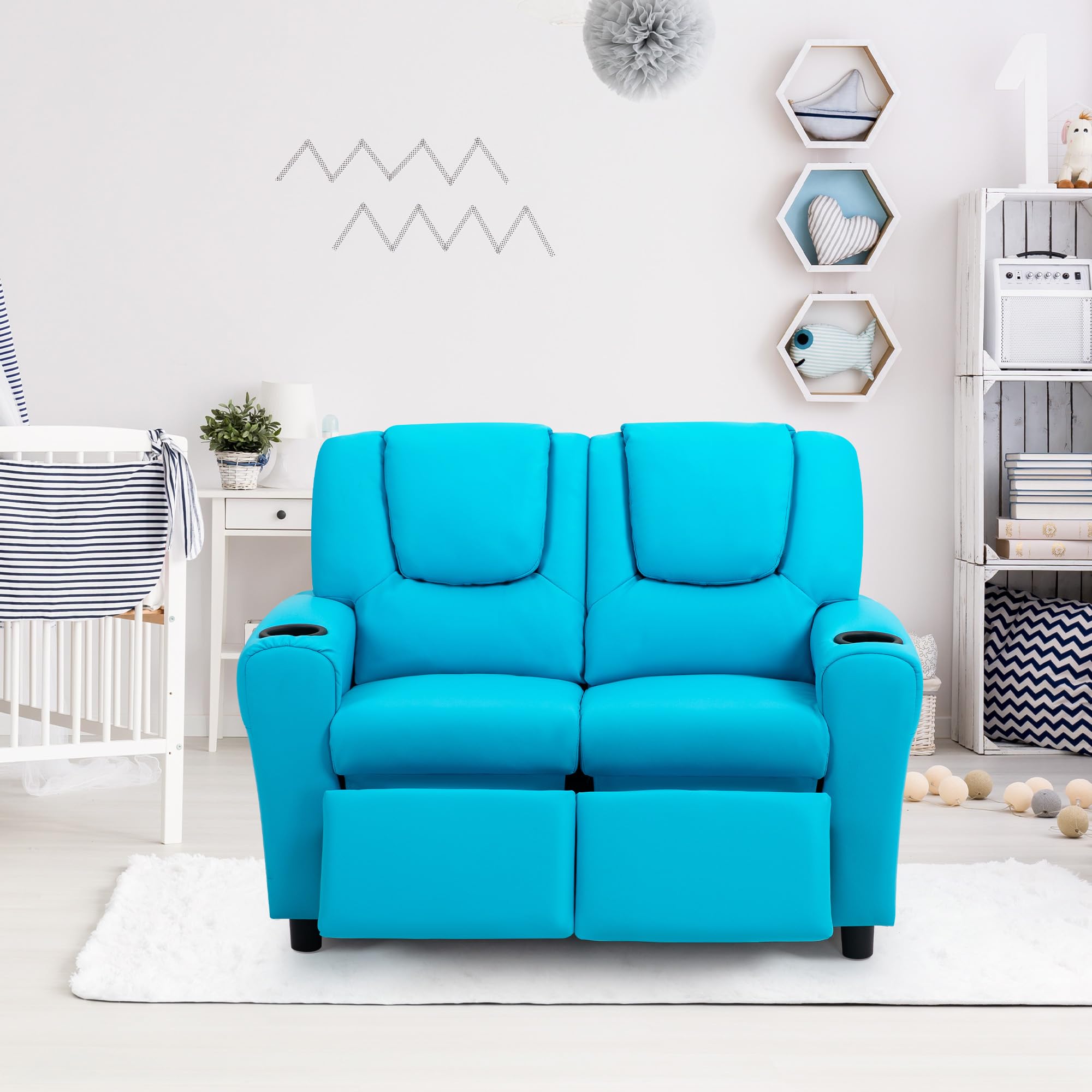 AVAWING Double Toddler Recliner Chair for Kids Age 1-4 - Adjustable Footrest & Headrest, Faux Leather Kids Loveseat Sofa with Cup Holders - Perfect for Playroom, Nursery, or Family Room (Blue)