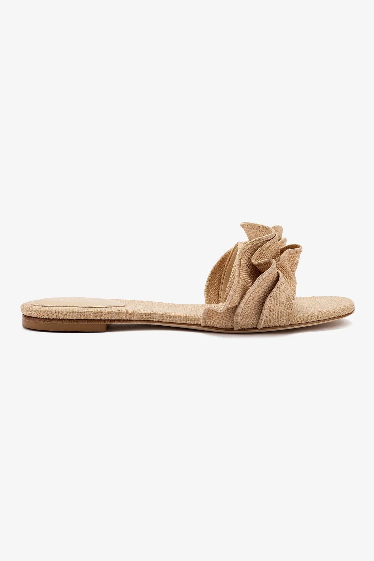 Stylish Ivy Ruffle Flat Mule Sandals in Beige Raffia - Perfect for Summer Outfits, Beach Vacations & Casual Wear