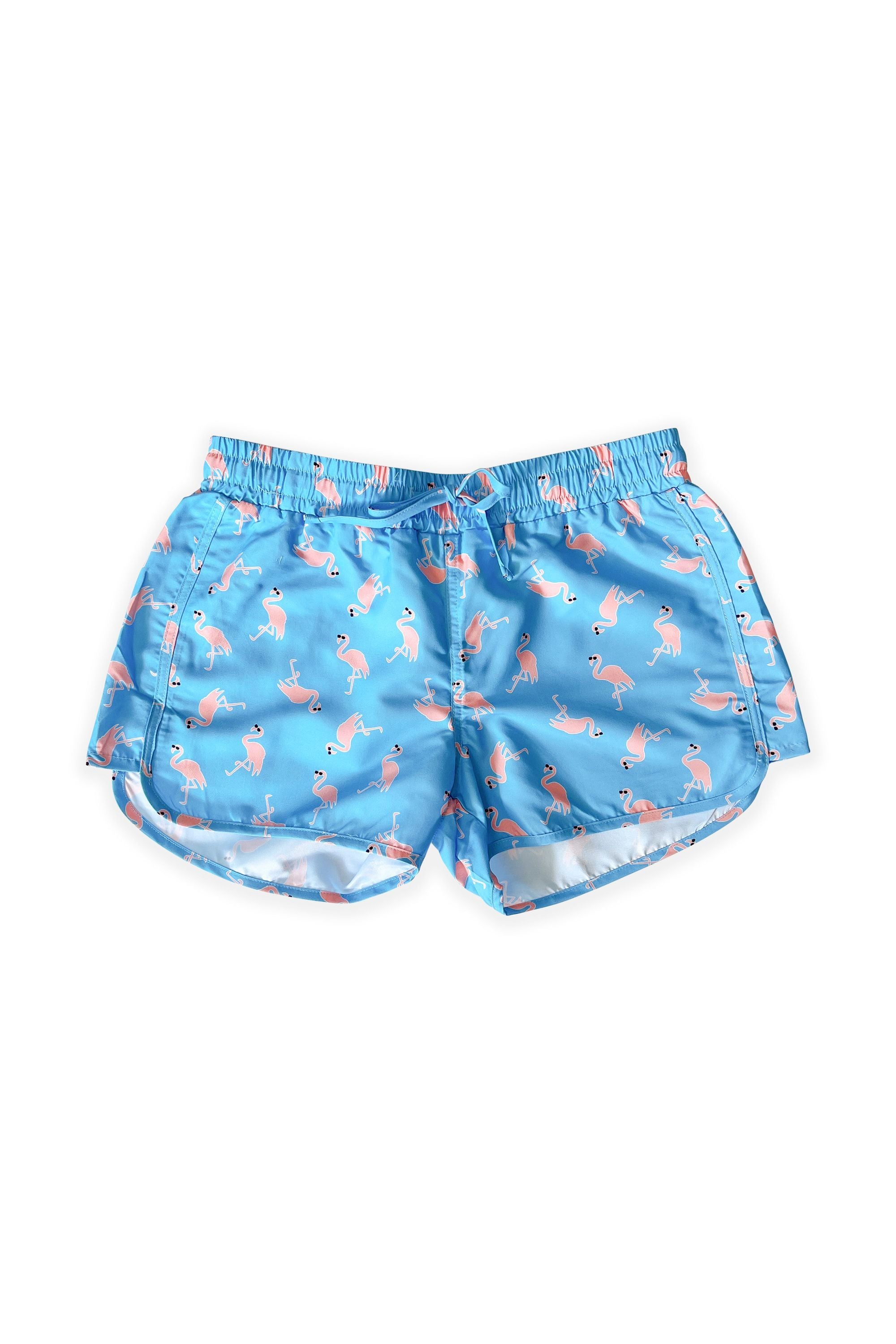 Brighton Women's Flamingo Print Swim Shorts - Quick Dry, High Waisted Beach Shorts for Swimming, Surfing & Summer Vacation