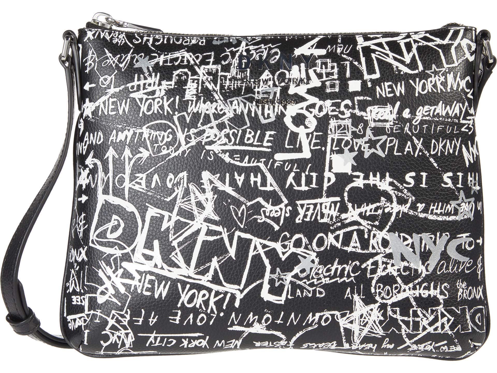 DKNY Erin Top Zip Crossbody Bag - Black & White Street Graffiti Print - One Size - Perfect for Daily Commute, Shopping & Travel