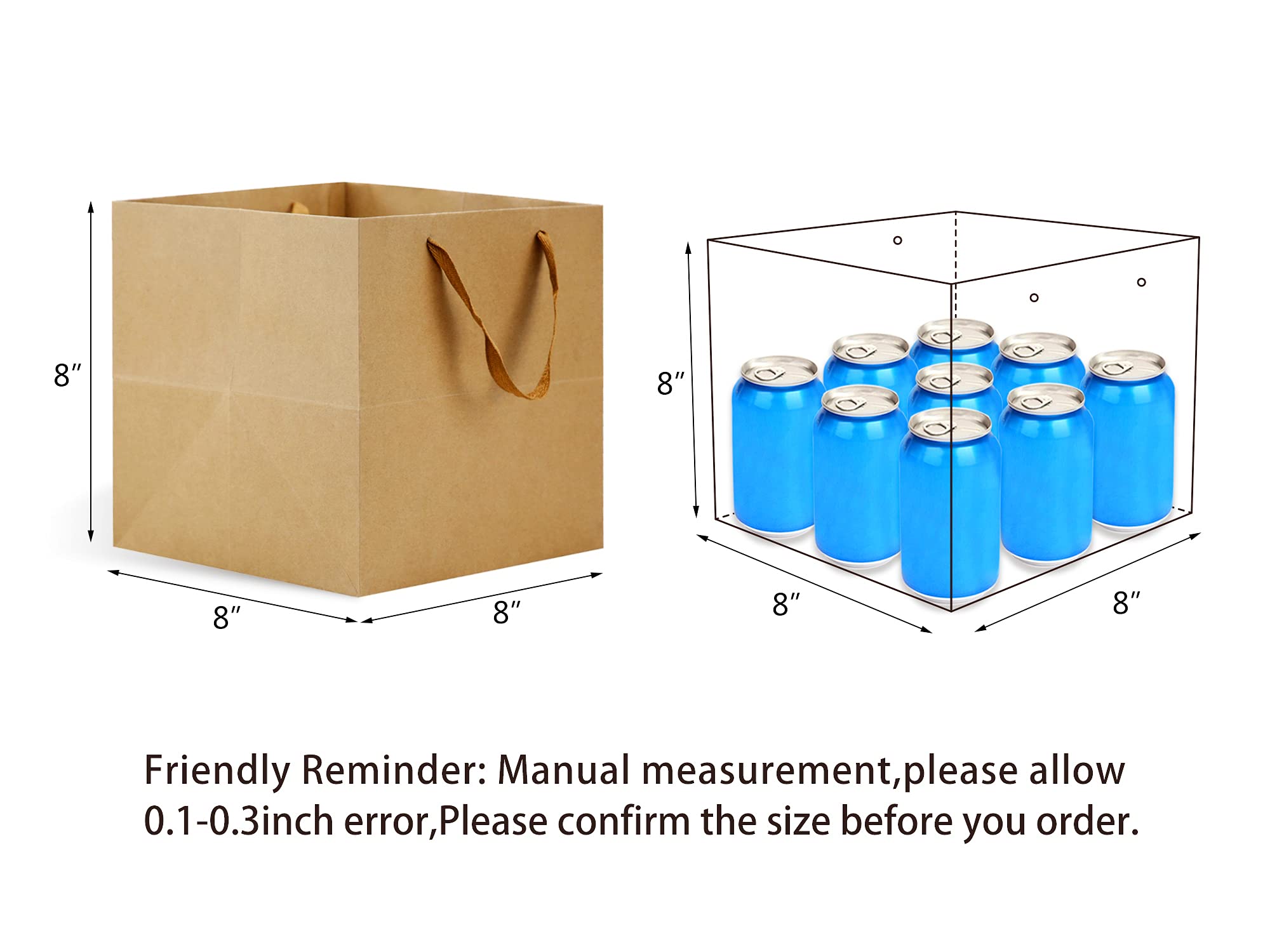 HUAPRINT 24 Pack Brown Kraft Paper Gift Bags with Handles - 8x8x8 Inch Square Heavy Duty Reusable Shopping Bags for Grocery, Retail, Wedding Favors & Party Packaging | Eco-Friendly Business Packaging Solution