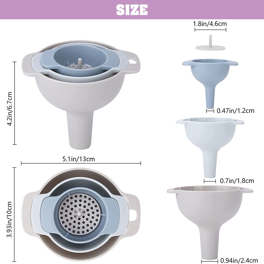 NZKNP 4-in-1 Kitchen Funnel Set - BPA-Free Plastic, 3 Sizes with Detachable Strainer, Easy to Clean & Store for Cooking, Baking, and Liquid Transfer