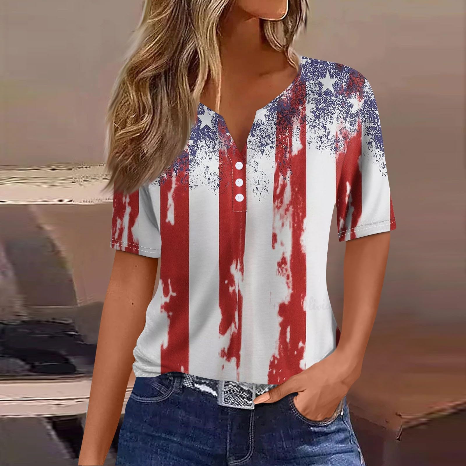 4th of July Women's Tops - Casual V-Neck Blouses for Summer 2024 | Patriotic Outfits & Parties