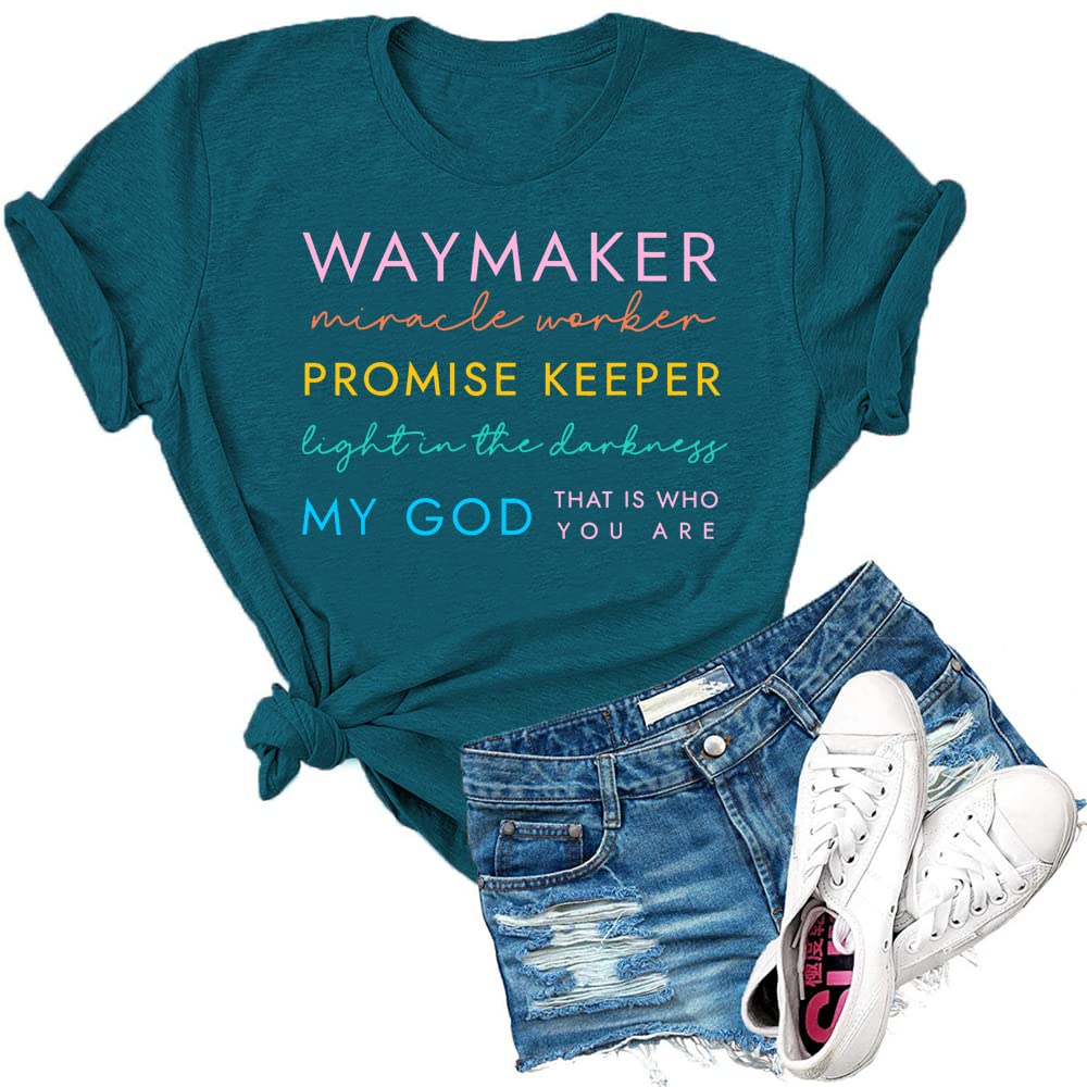 Women's Christian Print T-Shirt - Dauocie Way Maker Miracle Worker Promise Keeper Light in The Darkness - Inspirational Faith Apparel for Church, Bible Study & Daily Wear