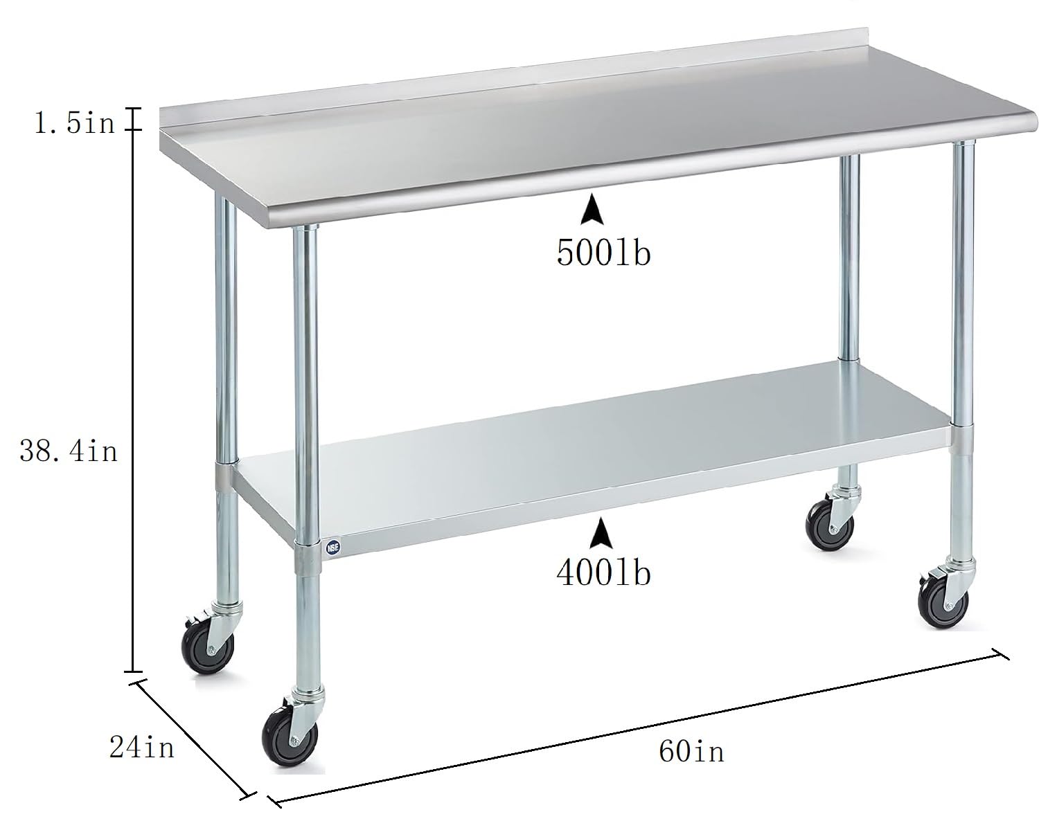 24x60 Inch NSF Stainless Steel Commercial Kitchen Prep Table with Casters & Backsplash - Heavy Duty Metal Work Table with Adjustable Undershelf & Leveling Feet for Restaurants, Hotels, Home Kitchens | Ideal for Food Prep, Cooking, Baking & Catering