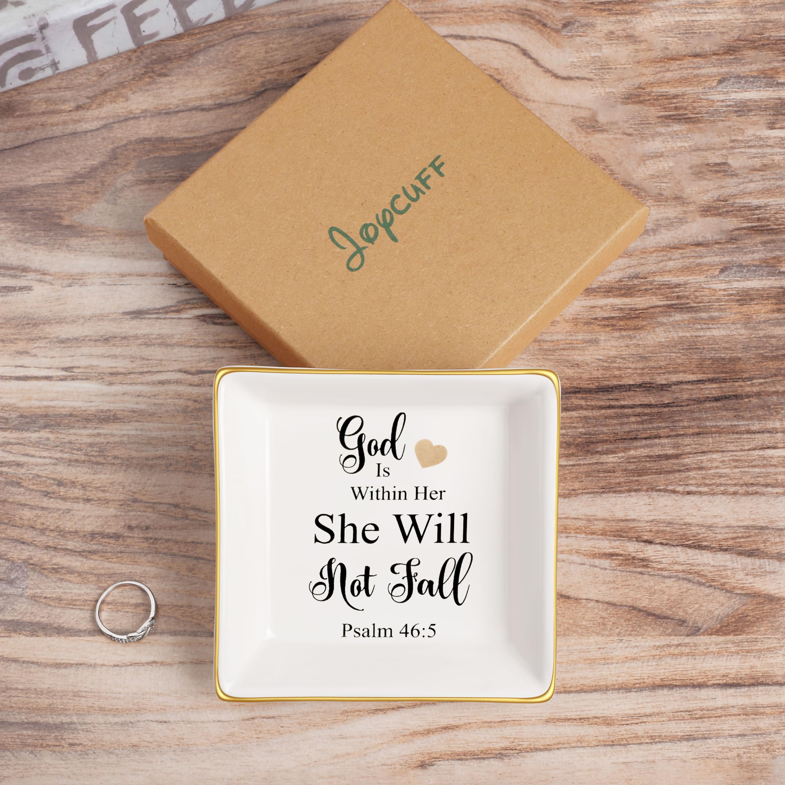 JoycuFF Christian Jewelry for Women - Religious Encouragement Ring Dish, Inspirational Gifts for Sister, Mother, Daughter & Aunt - 'God Is Within Her She Will Not Fall' Bible Verse Home Decor - Perfect for Prayer Time, Bible Study & Faith-Based Gift Giving