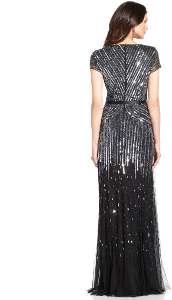 Adrianna Papell Beaded V-Neck Gown in Gunmetal - Elegant Evening Dress for Prom, Wedding & Formal Events