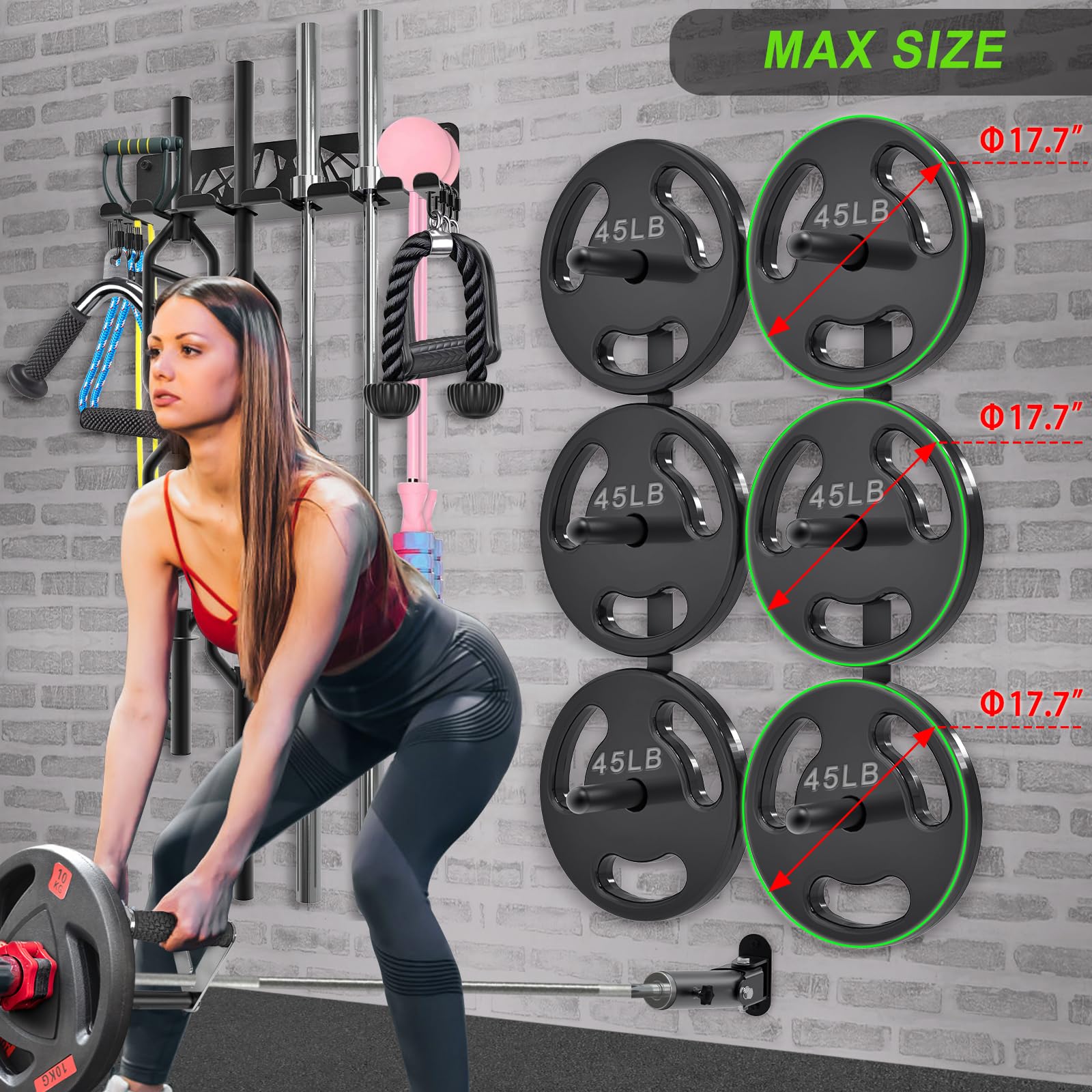 Kipika Gym Organizer Set - 2 Pack Wall Mounted Weight Plate & Barbell Storage Rack with T-Bar Row Landmine Platform Attachment - Heavy Duty Steel Construction for Home & Commercial Gyms - Easy Installation for Weightlifting & Strength Training