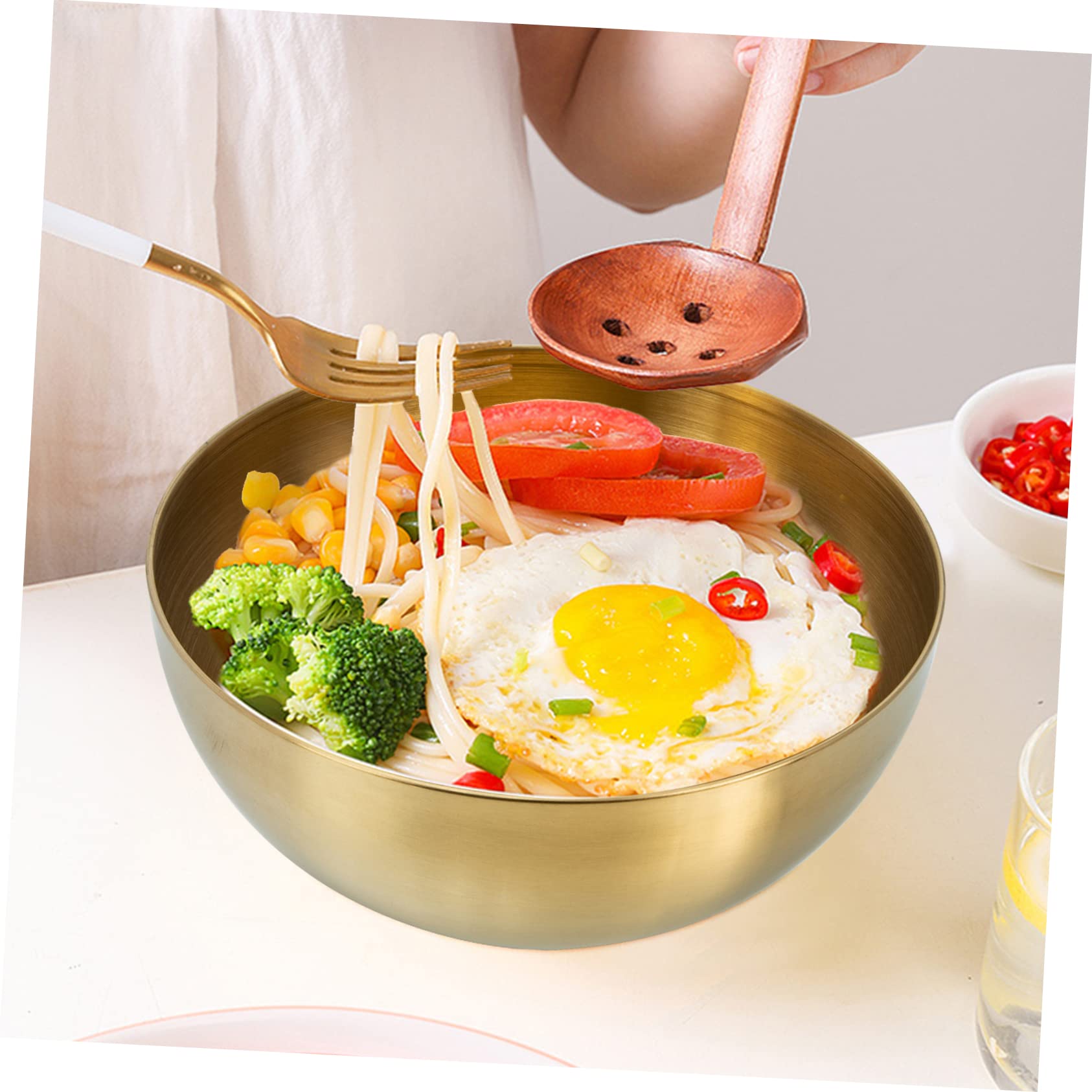 Stainless Steel Pasta Bowls - 6 Inch Large Capacity Rice, Soup, Cereal & Salad Bowls - Korean Ramen & Noodle Bowls - Gold Kitchen Food Containers - Perfect for Home Dining, Restaurants & Meal Prep