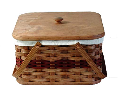 Amish Handmade Square Double Pie Basket with Inside Tray, Lid & Swinging Handles - Red with Liner - Perfect for Picnics, Potlucks & Farmhouse Decor
