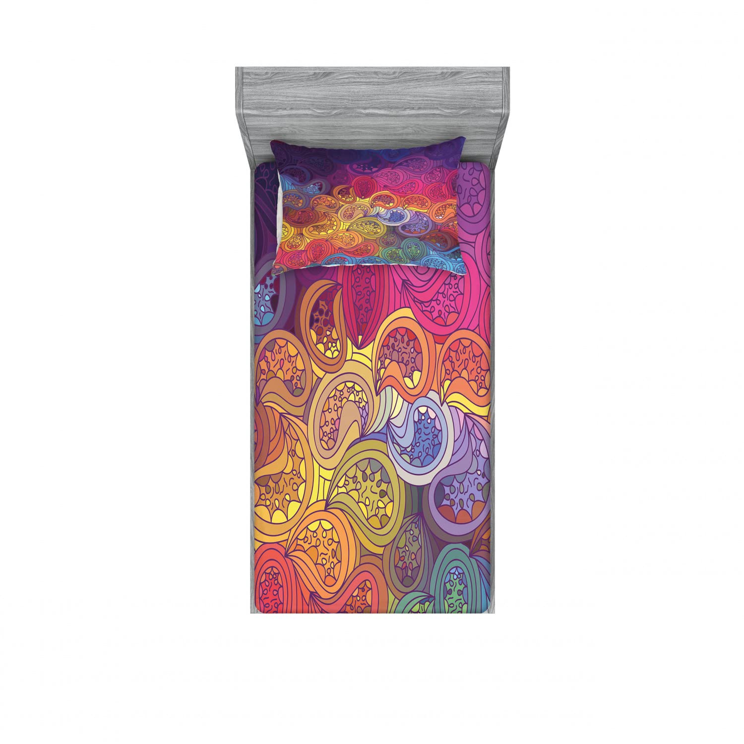 Ambesonne 2-Pack Abstract Leaf Pattern Fitted Sheet & Pillow Sham Set - Twin Size Bohemian Wavy Design Bedding (4-Piece Set, Multicolor) for Kids Room, Guest Bedroom & Dorm Decor