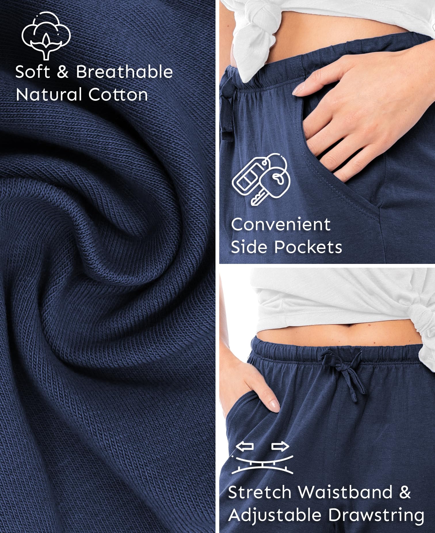 Sexy Basics Women's 3 Pack Soft Flex-Cotton Knit Pajama Pants - Lounge Pants & Sleep Pants for Women - Comfortable Stretchy Sleepwear for Relaxing at Home & Lounging