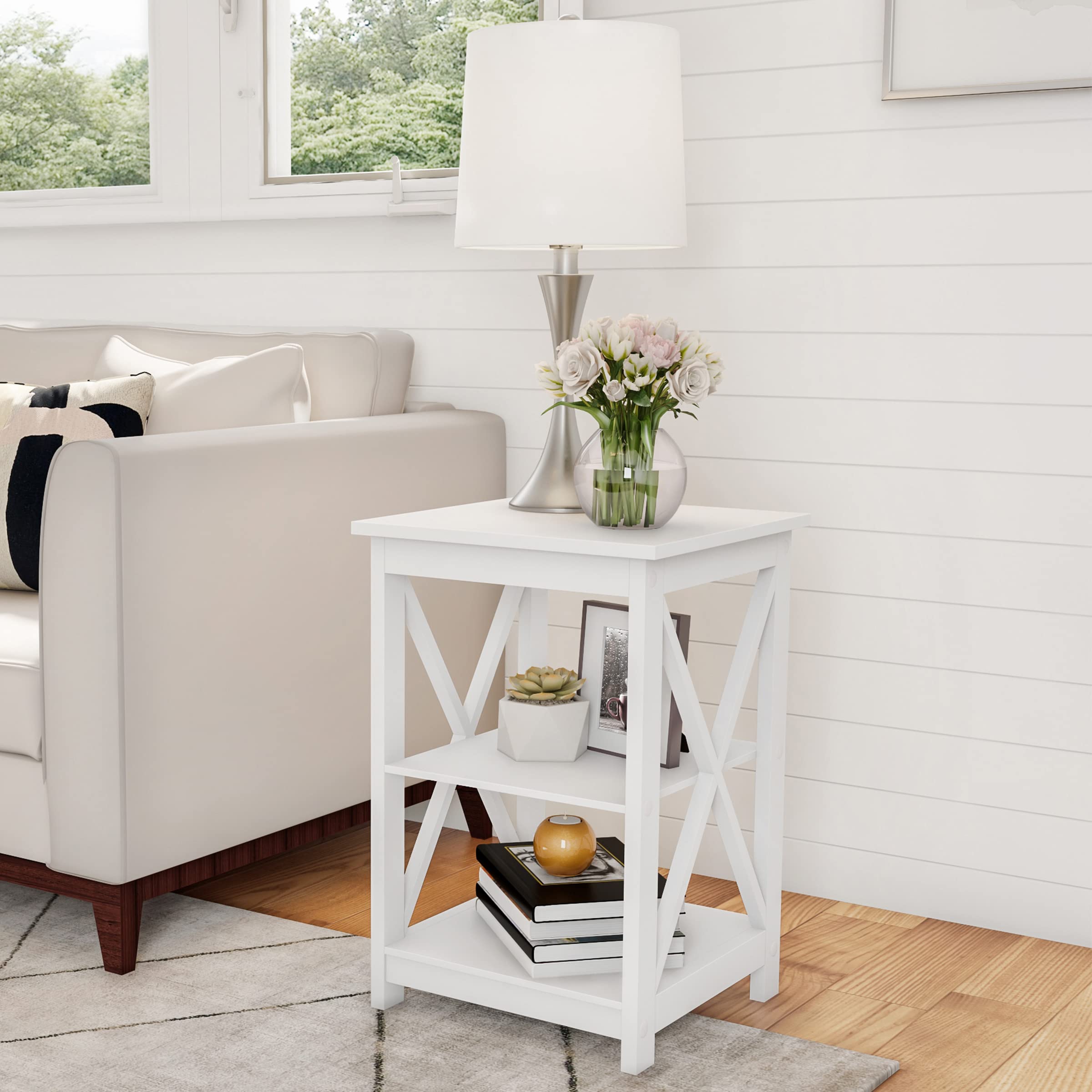 Modern White Wooden End Table with X-Leg Design & 2 Shelves - Small Sofa Side Table for Living Room, Bedroom, or Office - Perfect for Holding Lamps, Books & Decor by Lavish Home