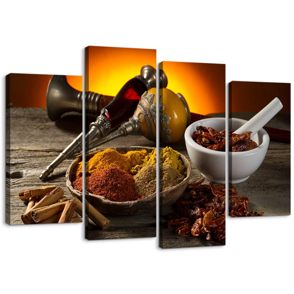 YouHONG Modern Kitchen Wall Art Decor - 4-Piece Canvas Print of Various Spices on Rustic Wooden Table, Framed Ready to Hang (48''W x 32''H) - Perfect for Farmhouse, Restaurant & Home Kitchen Decor
