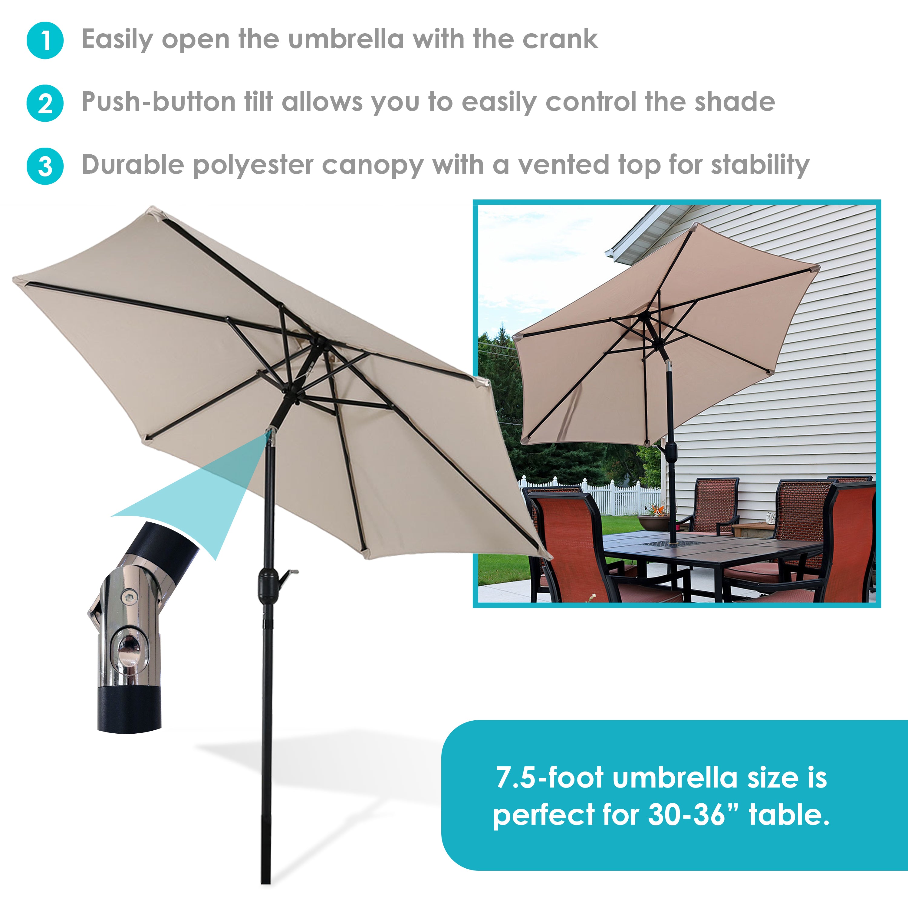 Sunnydaze 7.5 Foot Aluminum Outdoor Patio Umbrella with Tilt & Crank - Perfect for Backyard, Poolside, and Garden Shade