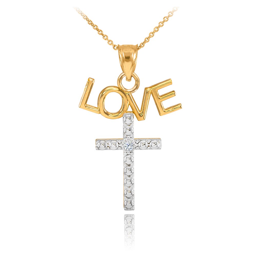 14K Two Tone Gold Love Cross Diamond Pendant Necklace for Women - Elegant Religious Jewelry Gift for Christmas, Baptism & Special Occasions