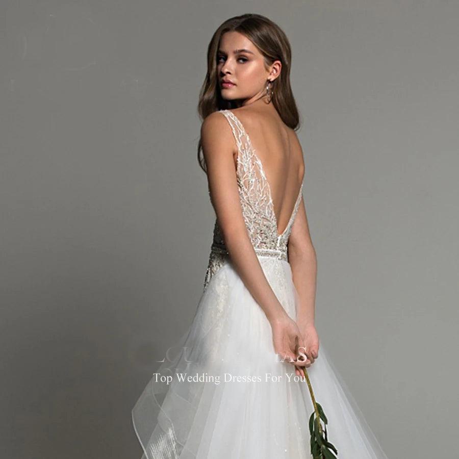 2024 Sexy Mermaid Wedding Dress with Detachable Train - Shimmering Beaded V-Neck Backless Sleeveless Bridal Gown for Beach, Church & Formal Weddings