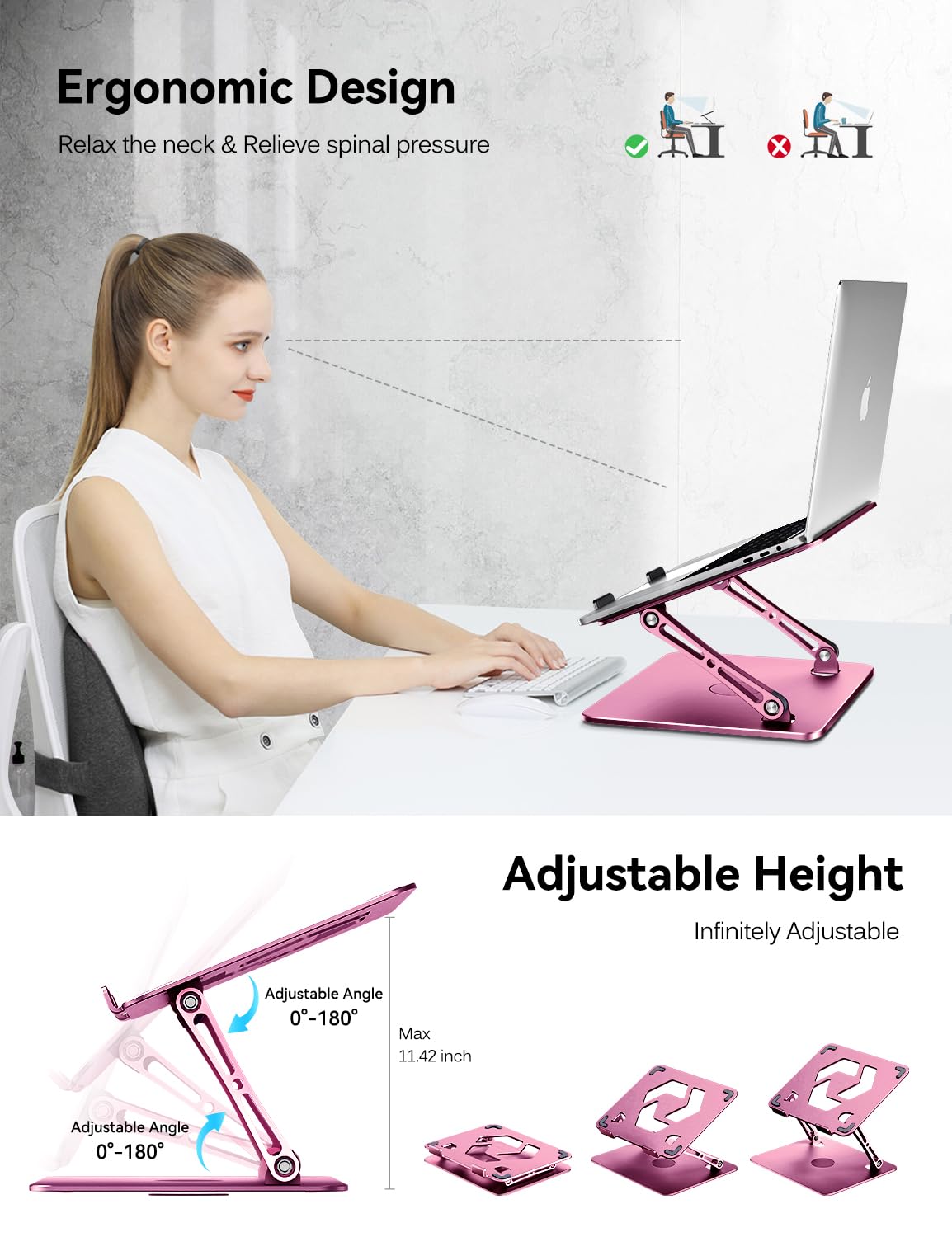 iVoler Adjustable & Foldable Laptop Stand with 360° Rotating Base - Ergonomic Portable Laptop Riser for MacBook, Dell, HP Up to 16 inches - Perfect for Office, Home & Travel Workspaces [Pink]