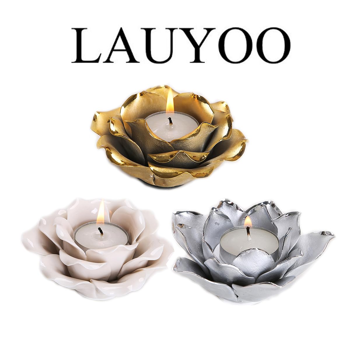 LAUYOO Ceramic Bowl Candle Holders - Lotus Flower Design, Gold - Elegant Home Decor for Dining Table, Wedding Centerpiece, Spa Relaxation & Gift Giving
