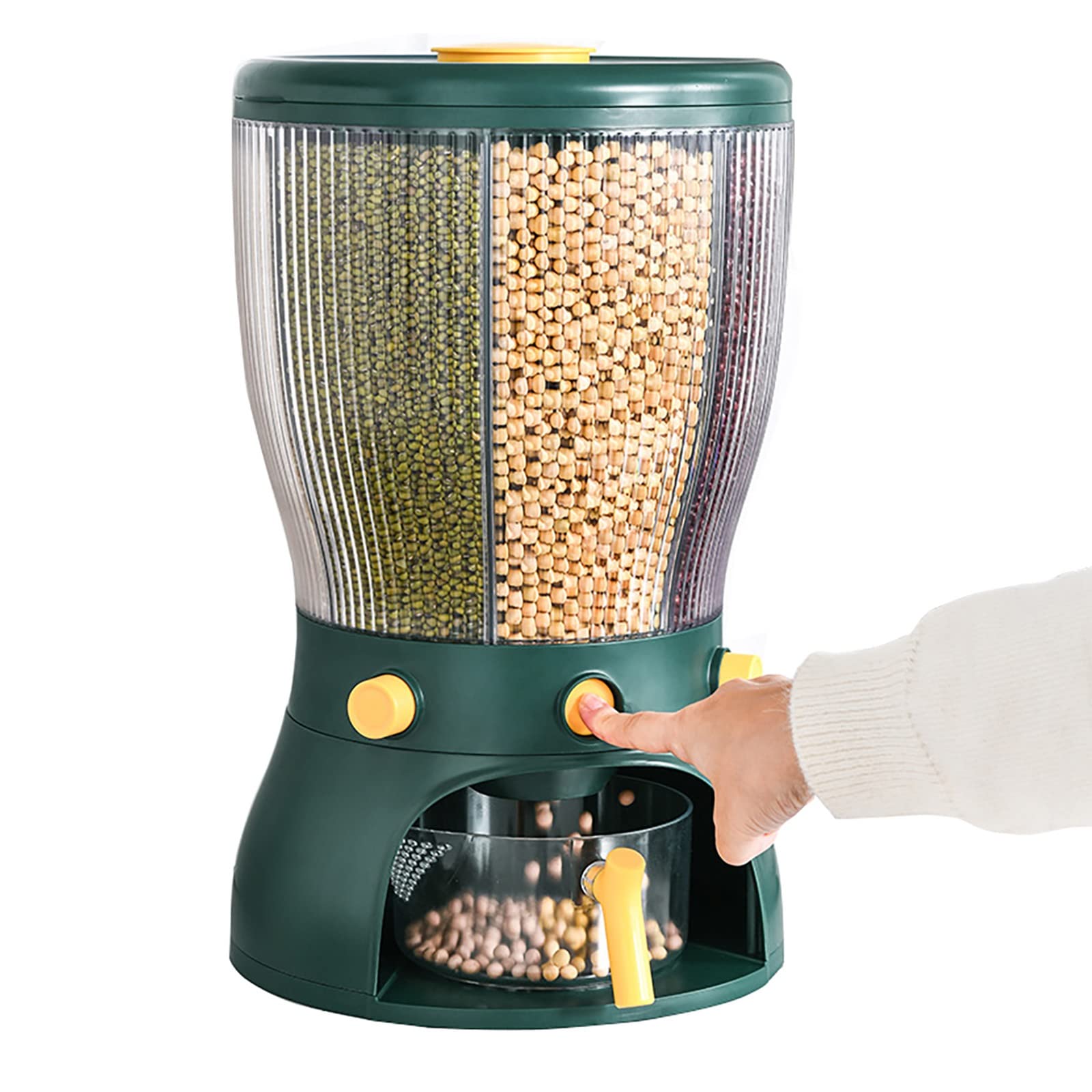 ZJFSX 22lbs Rotating Rice Dispenser with 4 Grids - Airtight Grain Storage Container for Rice, Beans, Snacks & Dog Food - Transparent Kitchen Organizer for Pantry, Countertop & Home Use (Green)