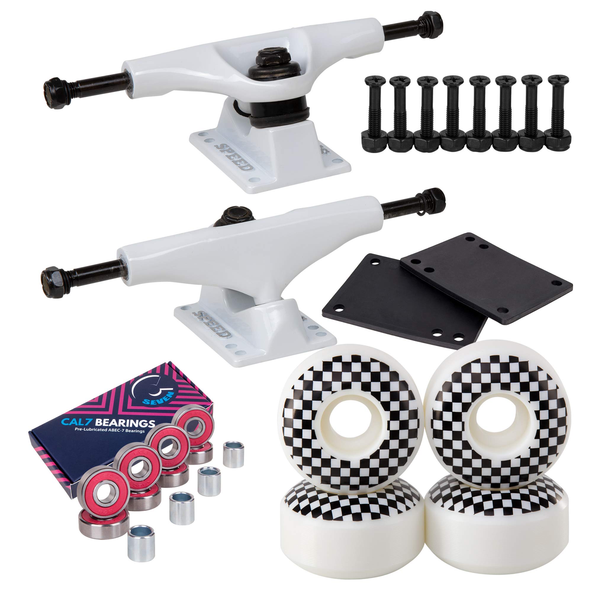 Cal 7 129mm Skateboard Trucks with Graphic Wheels & Bearings - Complete Skateboard Hardware Set for Street & Park Riding