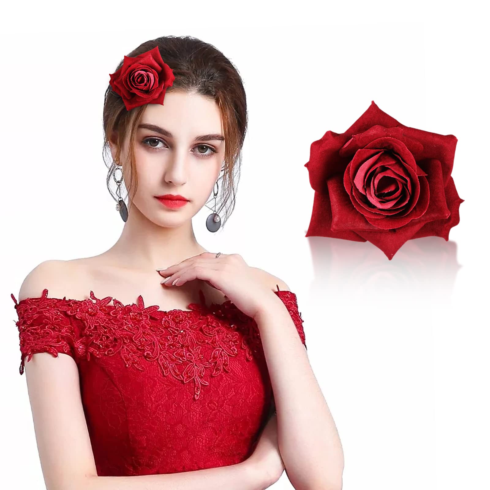 Vintage Red Rose Flower Hair Pin - Large Artificial Rose Hair Clip for Women & Girls - Perfect for Parties, Beach, Weddings, Bridesmaids & Flower Girls - Elegant Brooch Hairpins & Barrettes for Special Occasions