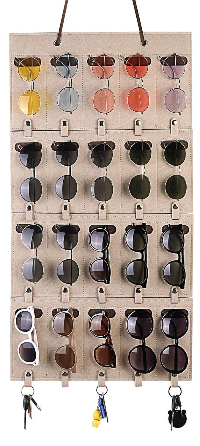 Premium Sunglasses Organizer & Eyeglass Holder - Wall Mounted Hanging Storage with Detachable Felt Pockets | Perfect for Closet, Bathroom, Entryway & Travel Accessory Organization