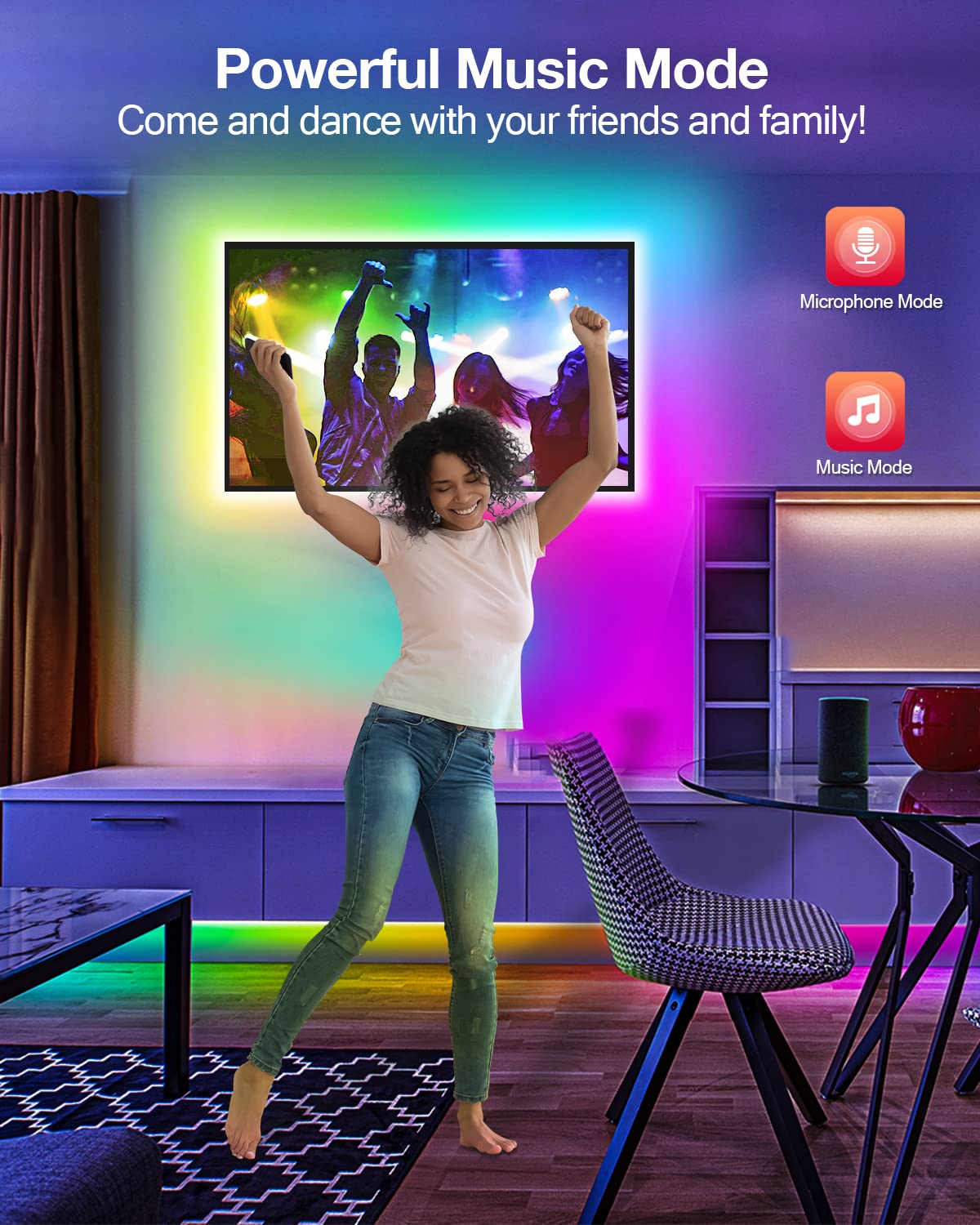 Daymeet 16.4FT RGB LED TV Backlight Strip - Smart Bluetooth App Control with Remote, USB Music Sync, Color Changing Lights for 45-85 Inch TVs - Perfect for Bedroom Ambient Lighting & Home Theater Setup
