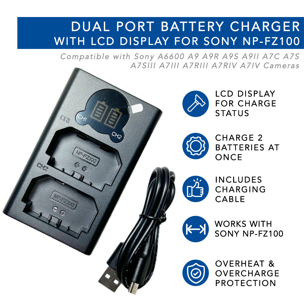 Original Sony NPFZ100 Z Series Replacement Charger for Alpha A7 III, A7R III, A9 Digital Cameras - Fast Charging, Black | Perfect for Travel Photography & Professional Studio Use