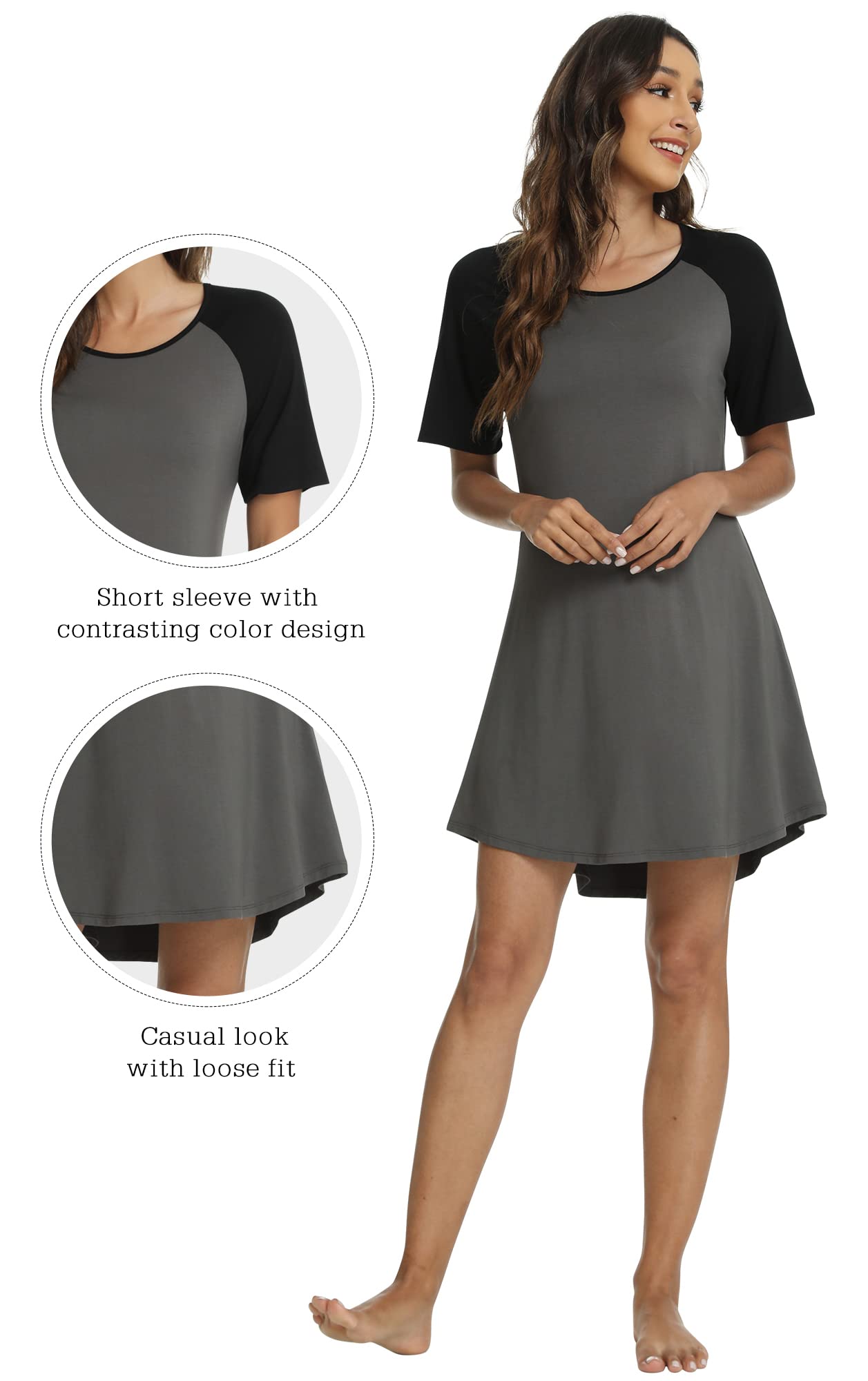 WiWi Women's Bamboo Viscose Nightgown - Lightweight Short Sleeve Sleep Shirt for Summer, Soft & Breathable (Sizes S-XXL) | Perfect for Relaxing at Home, Lounging & Comfortable Sleepwear