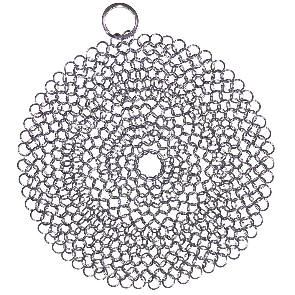 Premium 316 Stainless Steel Cast Iron Cleaner & Chainmail Scrubber - 7 Inch Round for Cast Iron Skillets, Dutch Ovens, Waffle Irons & Grill Pans - Perfect for Camping, Outdoor Cooking & Kitchen Maintenance