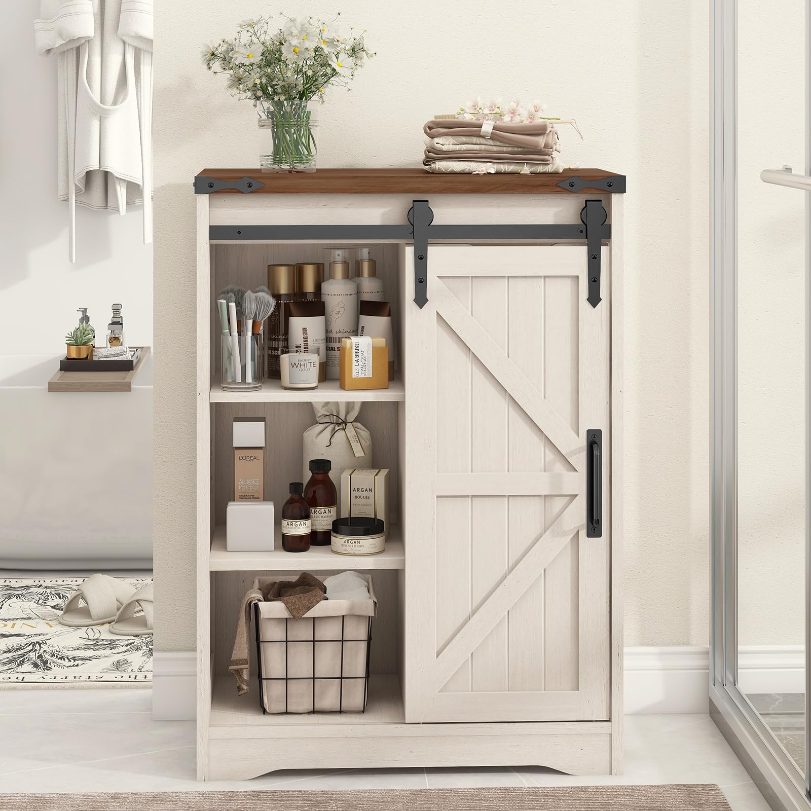 Farmhouse Style White Bathroom Floor Storage Cabinet with Drawer - Rustic Organizer for Bathroom, Kitchen & Living Room - Perfect for Towel Storage, Toiletries & Home Decor Organization