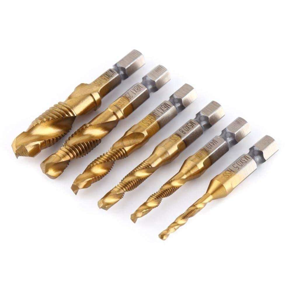 6Pcs Titanium Plated M3-M10 Hex Shank Drill Bit Set - Screw Tap & Countersink Bits for Woodworking, Metal & DIY Projects | Perfect for Cabinetry, Furniture Making & Home Repairs